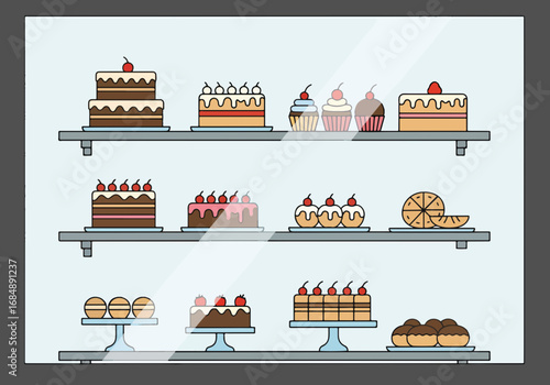 Minimalistic confectionery store window display with various cakes and pastries showcased in glass case. Delicious desserts include chocolate cakes, cream pastries,