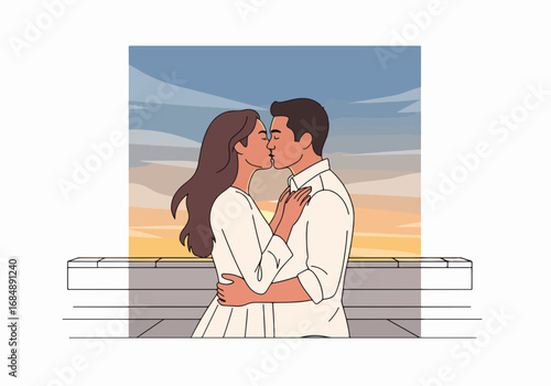 Romantic couple kissing on rooftop at sunset. Minimalistic scene showcases loving couple embracing with backdrop of colorful sky. Concept of love and connection in romantic settings.