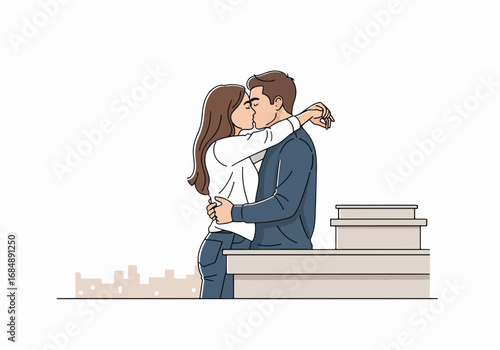 Romantic couple kissing on rooftop with city skyline in background. Embracing couple shares a sweet moment while surrounded by architectural elements,