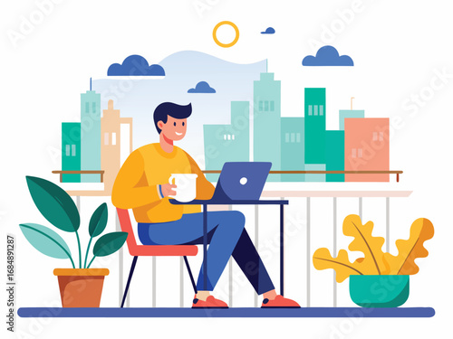 Freelancer working on laptop enjoying coffee in a modern urban setting with city skyline background