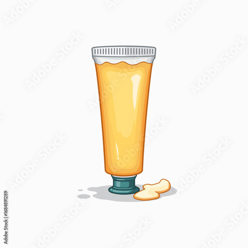 Ointment tube with creamy orange product squeezed out on white background. Ointment tube features sleek design and vibrant color for cosmetic use.