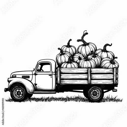 Farm truck loaded with pumpkins on grassy field, showcasing harvest abundance and rustic charm. This vintage truck is filled with vibrant pumpkins,