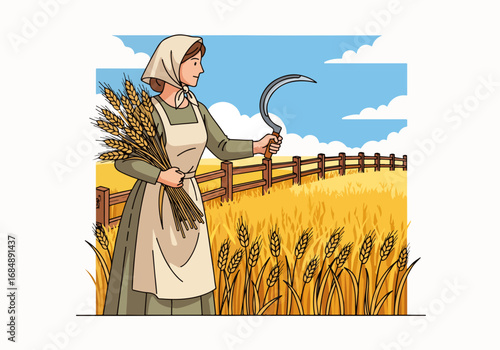 Rural woman harvesting wheat in golden fields with a sickle, standing proudly among the crops. This rural woman harvesting wheat symbolizes agricultural tradition and connection to nature.