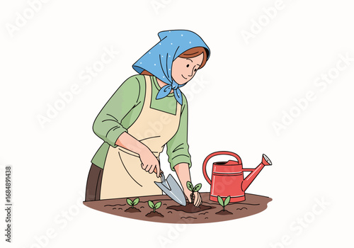 Rural woman planting vegetables in garden bed with garden tools and watering can. This scene depicts a dedicated gardener using a trowel to plant seeds in soil.