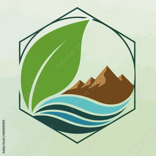 Nature conservation symbol with green leaf and mountains over flowing water. Eco-friendly design features hexagonal shape representing harmony between land and water.