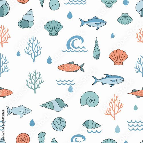 Colorful seafood and waves pattern with fish, shells, and coral design for beach themed decor and textiles. This seafood and waves pattern features marine elements like fish, seashells, and coral.