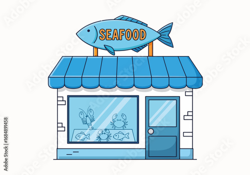 Seafood cafe storefront illustration with fresh fish and crabs displayed in windows. Bright and inviting seafood cafe features a blue color scheme and cartoonish style,
