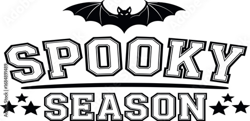 A festive Halloween emblem featuring a flying bat and star accents, celebrating the spooky season with a retro athletic typography design