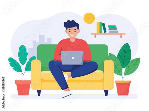 Happy freelancer working remotely on laptop from comfortable couch at home
