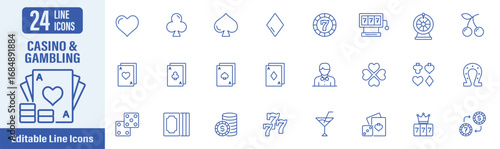 Casino and Gambling web icons in line style. Contains icons as poker, dice, slot machine, ace, jackpot, casino, gambling, poker chips and more. Vector illustration.