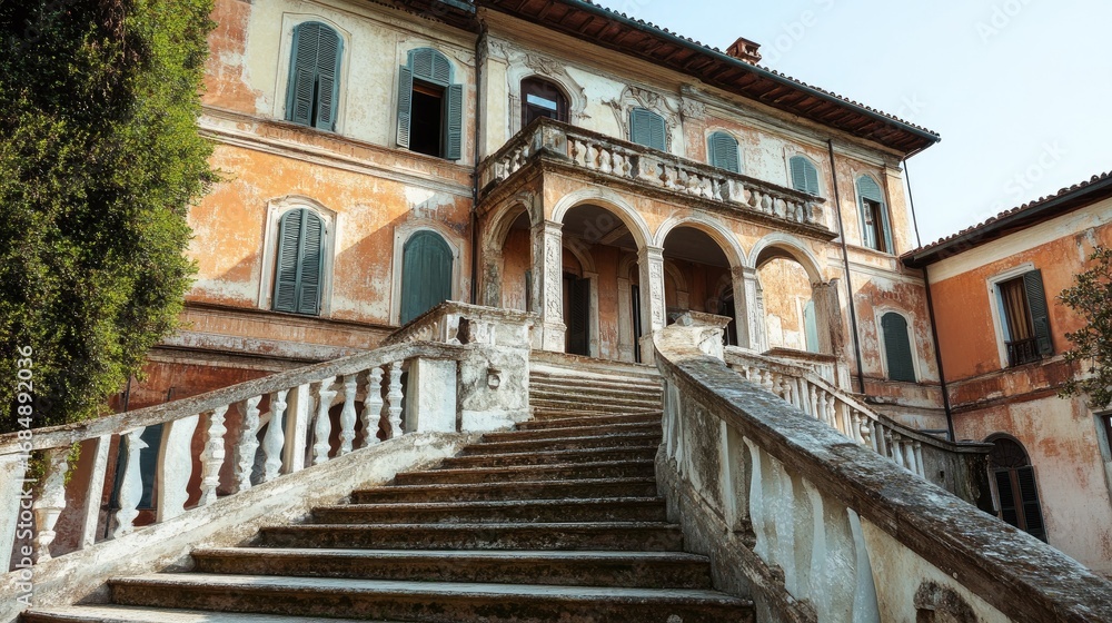 Fototapeta premium Grandiose Abandoned Mansion, Majestic Staircase, Italian Architecture