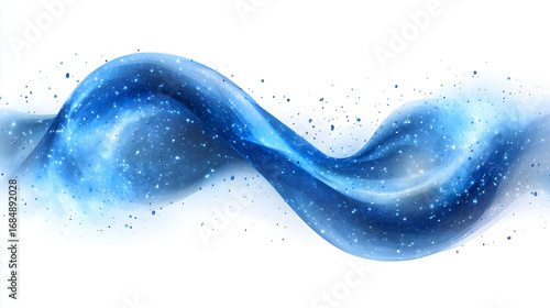 Smooth blue waves of flowing water and shimmering droplets create a dynamic abstract river.