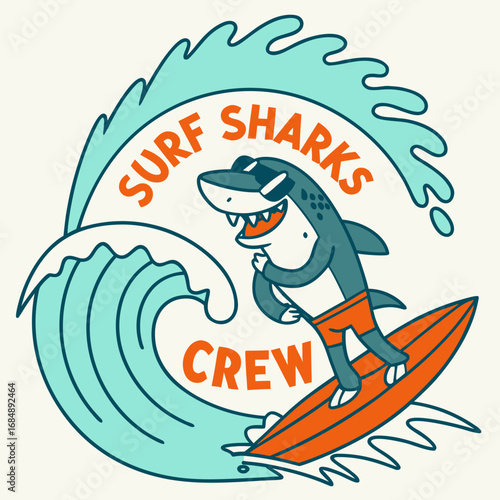 "Surfing Shark Mascot Logo Vector with Sunglasses"