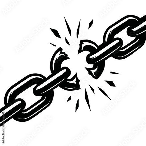 Vintage Style Broken Chain Vector Graphic. Black and White Grunge Illustration, a Symbol of Freedom, Strength, and Breaking Free.