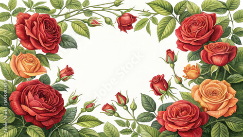 Romantic Floral Border with Red Roses