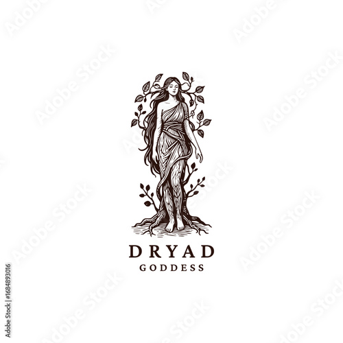 Engraved logo of a dryad, tree spirit woman with roots and branches, mystical nature illustration symbolizing forest goddess and myth.