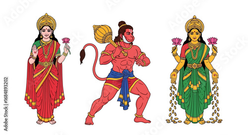 Hindu God Vector Illustration of Parvati Hanuman and Lakshmi