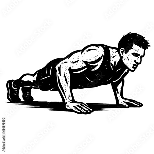Vintage Male Athlete Doing Pushups. Retro Gym and Bodyweight Workout Vector Illustration.