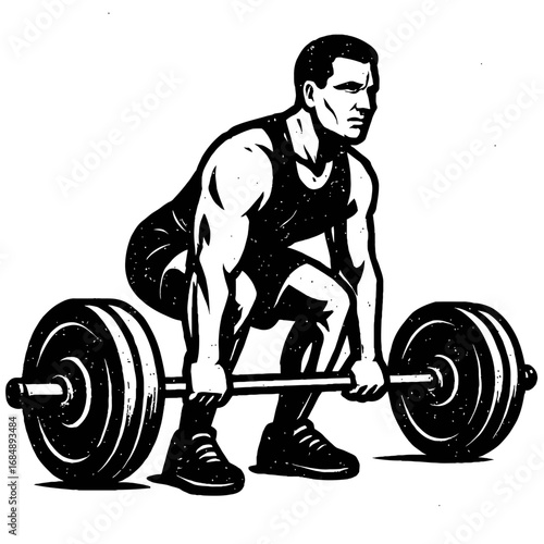 Vintage Male Athlete Deadlifting a Barbell. Retro Gym and Strength Training Workout Vector Illustration.