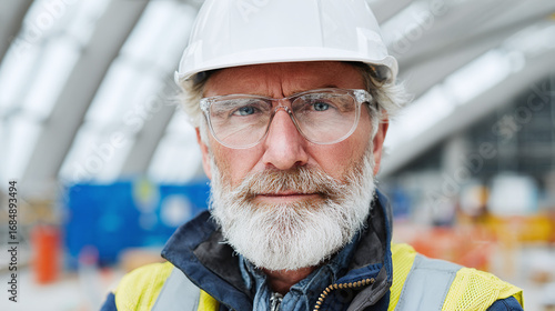 Experienced worker in hardhat and safety vest on a construction site. Portrait of a focused construction manager or engineer with glasses and beard.