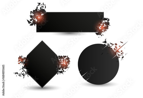 Explosion banners. Square and circle destruction shapes with debris isolated on white background. 3d effect of particles.