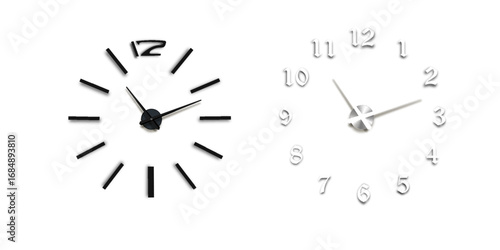 Vector 3d Realistic Classic Metal Steel Silver Gray Wall Office Clock Icon Set Closeup Isolated on Transparent Background. White and Black Dial. Design Template for Mockup. Front or Top View