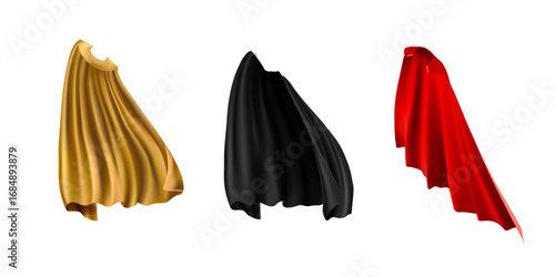 Superhero red cape in different positions, front, side and back view on white background.