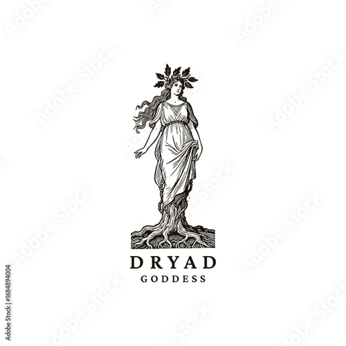 Engraved logo of a dryad, tree spirit woman with roots and branches, mystical nature illustration symbolizing forest goddess and myth.