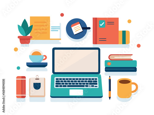 Organized home office desk setup with laptop books coffee plant and office supplies