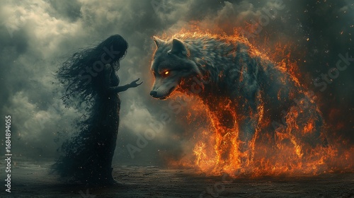 Illustration of a Figure and a Burning Giant Wolf