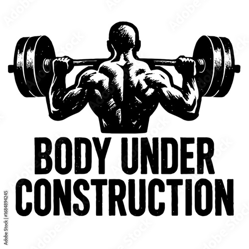 Body Under Construction. Male Athlete Doing Squats with Barbell. Vintage Gym and Fitness Vector Illustration.
