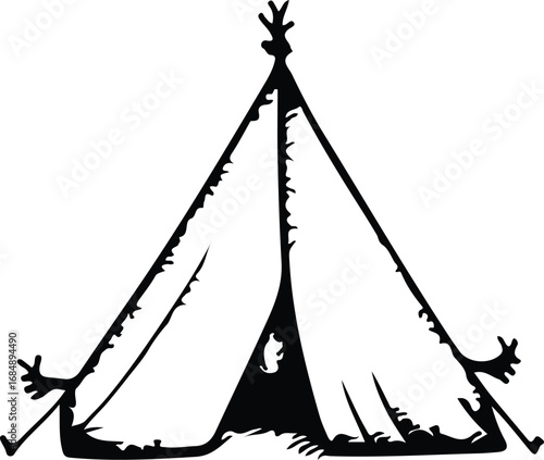 Rustic hand drawn silhouette of a traditional teepee tent with an open entrance evoking a sense of outdoor adventure and camping