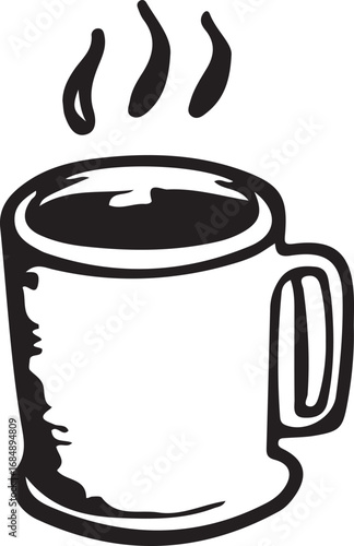 Stylized black and white illustration of a steaming coffee mug evoking warmth and the comfort of a hot beverage