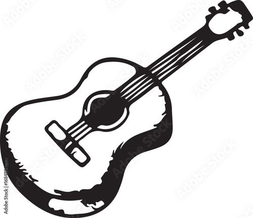 A simple black and white illustration of an acoustic guitar showcasing its classic shape and six strings perfect for music related designs