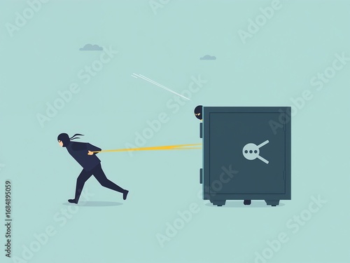 Minimalist flat style illustration of a thief pulling a safe with a rope in a playful, cartoonish design