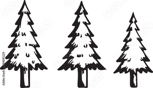 WebThree stylized evergreen trees drawn in a simple black and white sketchy style on a white background