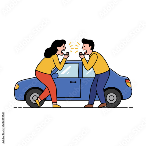 Couple arguing near car with visible frustration in an urban setting  