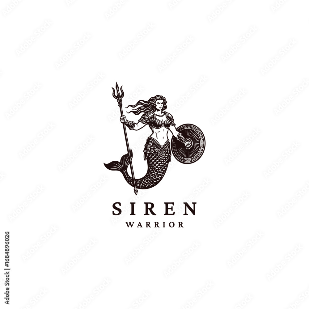 Naklejka premium powerful siren or mermaid warrior holding a trident and a shield engraving illustration vector