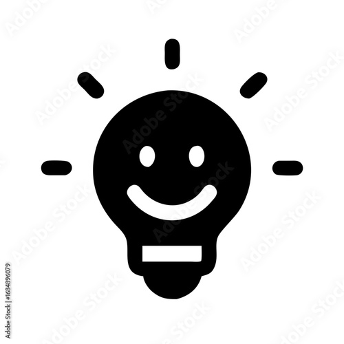 A black lightbulb with a smiling face and radiating lines symbolizing an idea or inspiration moment