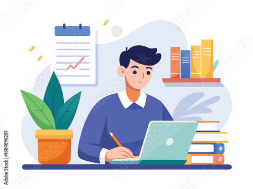 Focused professional writing workspace with laptop books plant and calendar for productivity