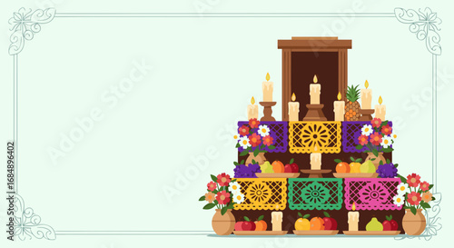 Día de los Muertos Altar with Colorful Decorations and Flowers for Cultural Awareness, Blogging, Education, and Holiday Celebrations