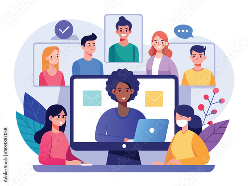 Diverse team collaborating virtually through video conference and digital communication tools