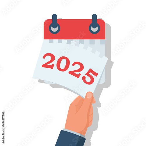 Goodbye 2025. A businessman tears off a calendar sheet of the outgoing year. Parting with coming year. Vector illustration flat design. Isolated on white background.