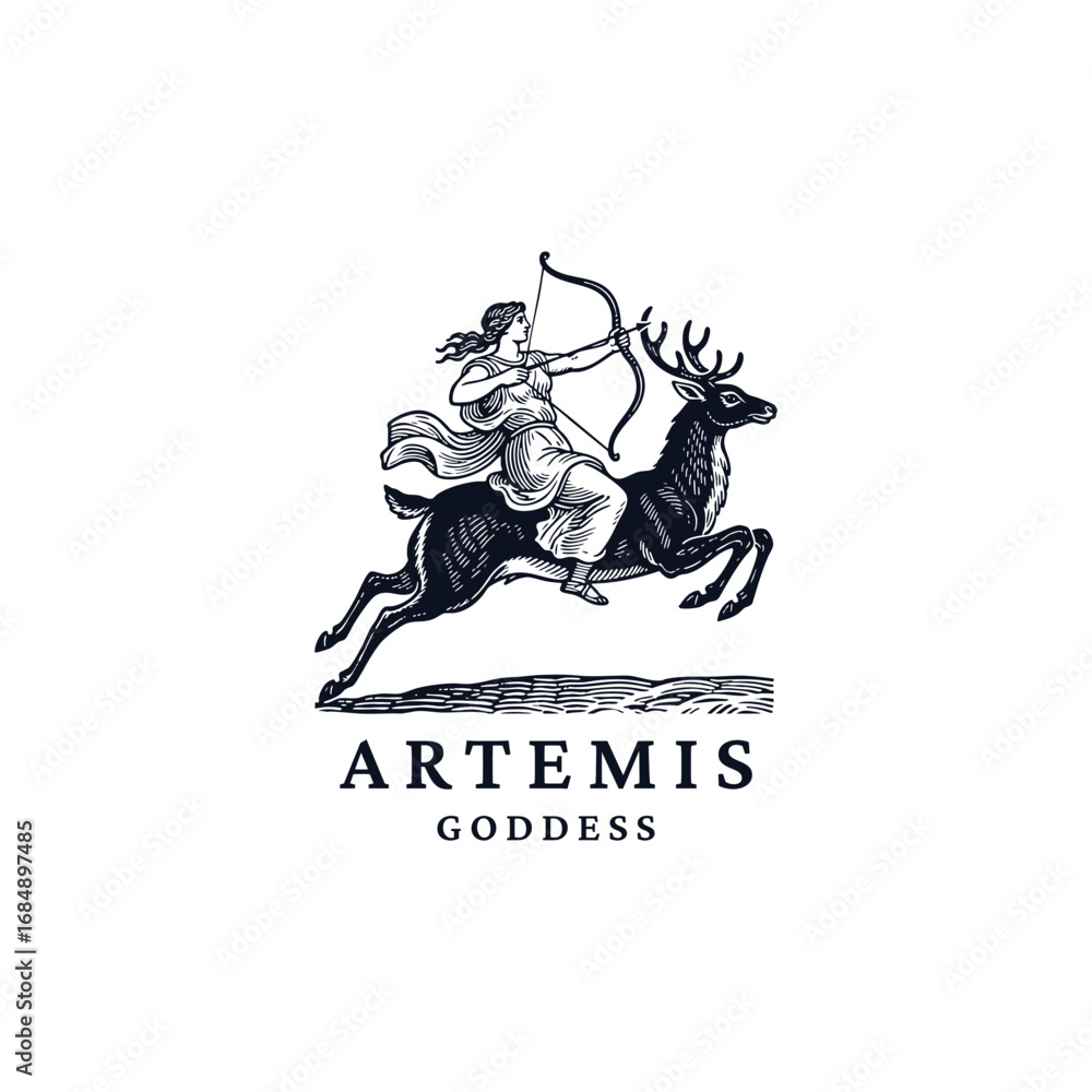 Obraz premium illustration of the Greek goddess Artemis (or Roman Diana) as a huntress, riding a deer with a bow drawn