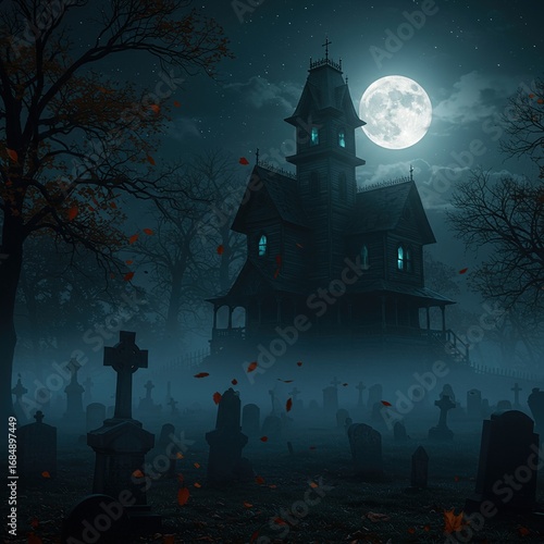 Gothic haunted house rising from cemetery cloaked with eerie mystery radiates chilling ambiance, casting shadows under moonlit sky, creating spooky night