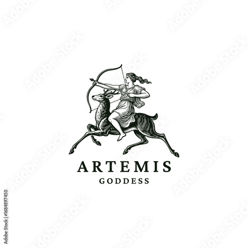 illustration of the Greek goddess Artemis (or Roman Diana) as a huntress, riding a deer with a bow drawn