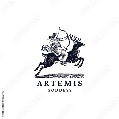 illustration of the Greek goddess Artemis (or Roman Diana) as a huntress, riding a deer with a bow drawn