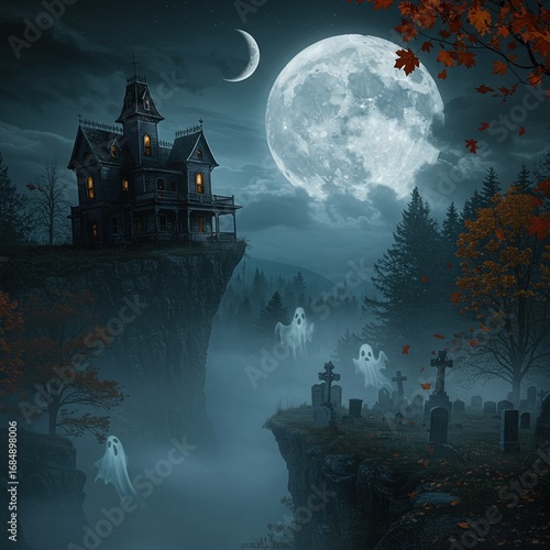 Eerie haunted house perched on cliff casts spooky glow over misty graveyard, evoking sense of mystery and foreboding under moonlight