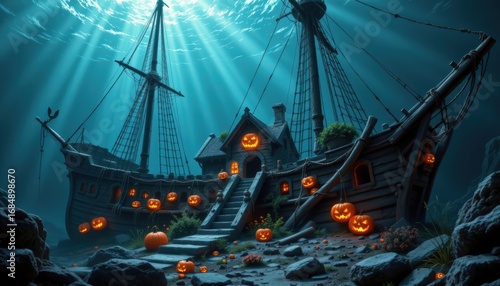 Ancient shipwreck reshaped into haunted underwater house, skeletal remains tangled in rigging