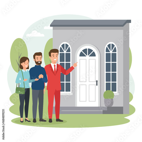 Real estate agent showing a house to a young couple on a sunny day